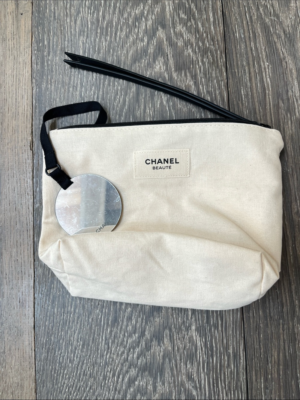 New CHANEL Beauté Cream Cotton Canvas Cosmetic Pouch with Black Zipper Mirror